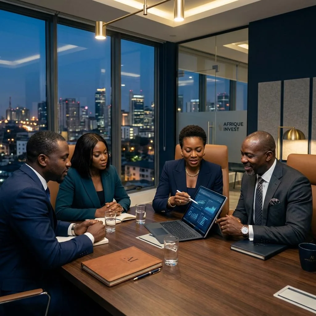 Executives reviewing financial charts in a private evening briefing