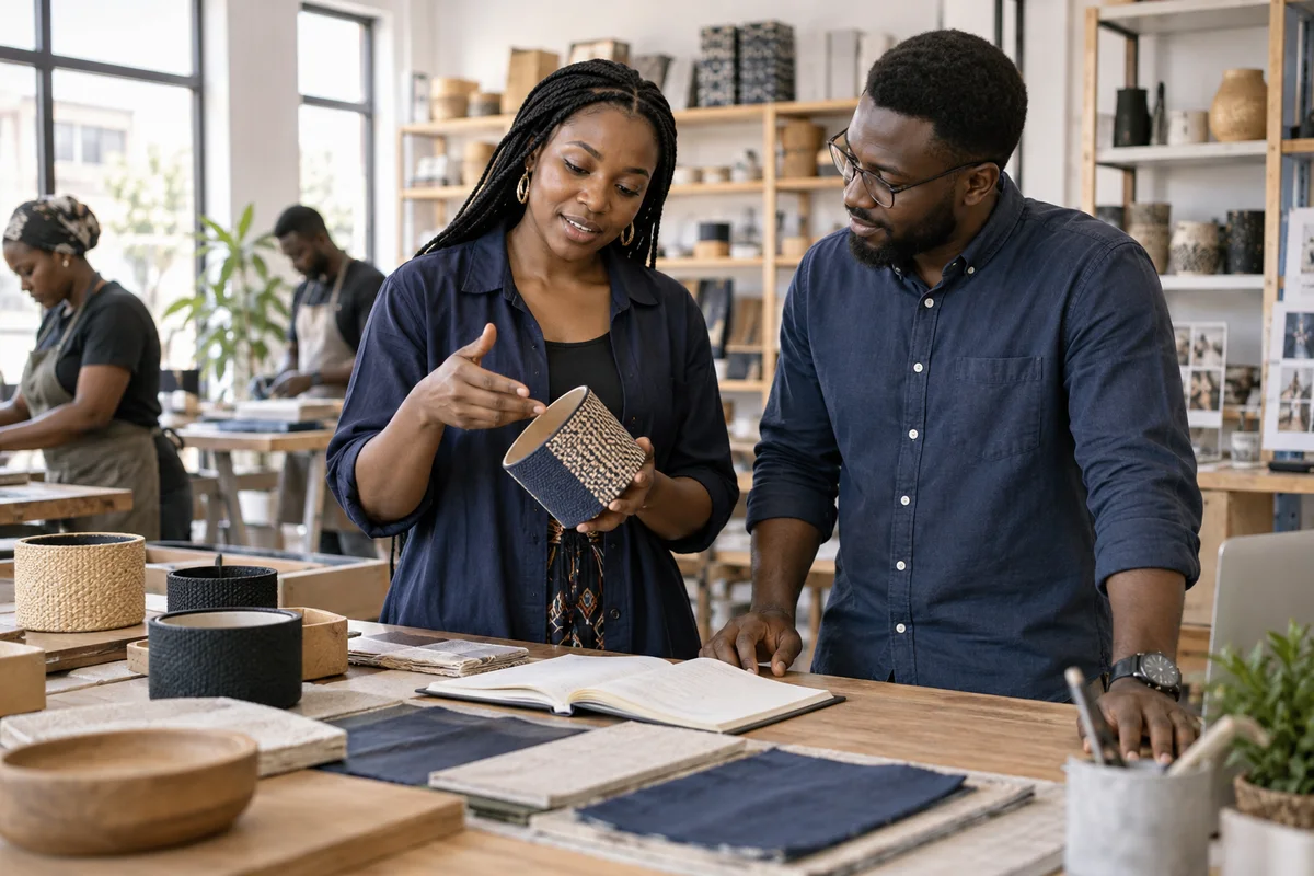 Illustrative scene of Nigerian entrepreneurs reviewing products in a manufacturing studio