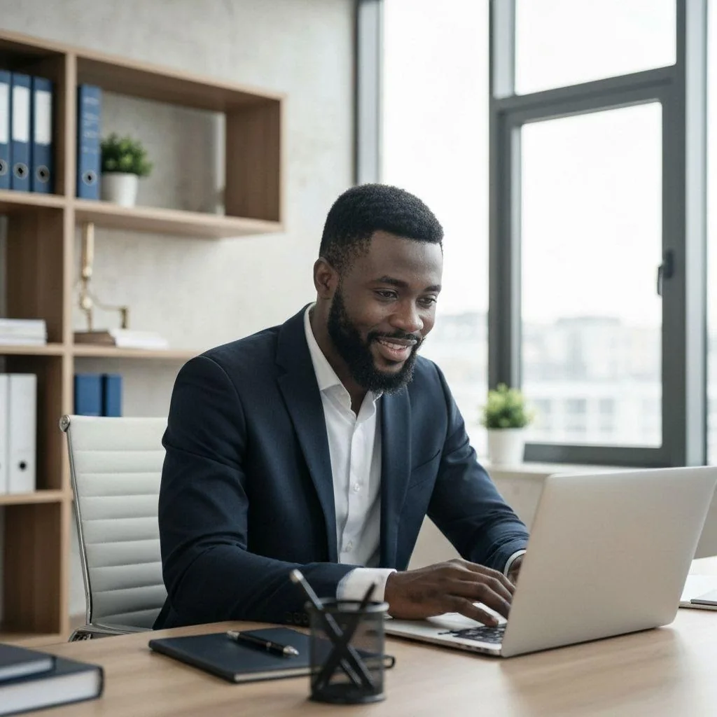 A concierge professional working with digital tools at his office desk